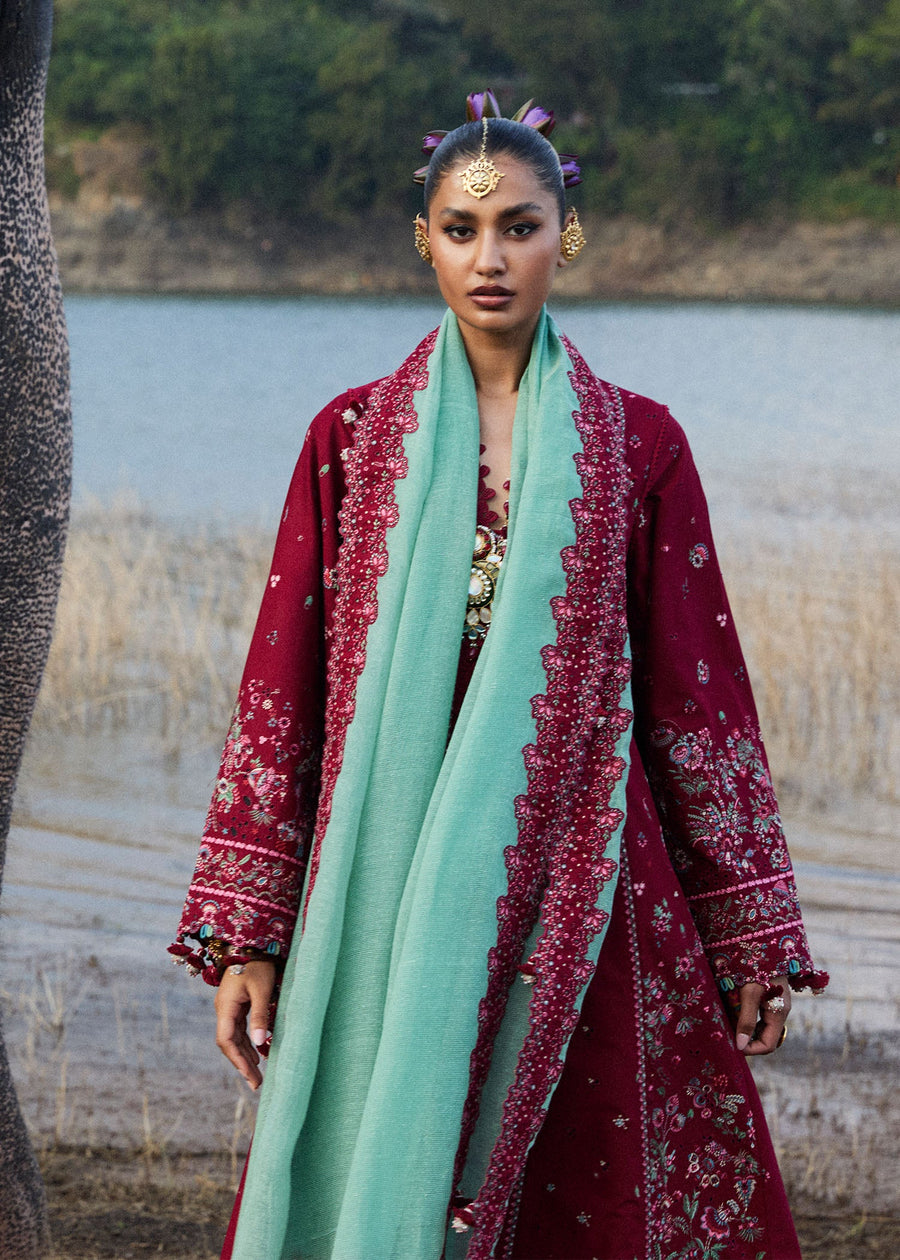 Hussain Rehar Luxury Lawn Unstitched Embroidered 3Pc Suit D-09 Mahogany