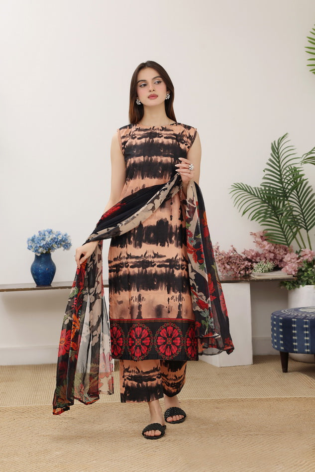 Feathers Premium Printed Lawn Unstitched 3Pc Suit Mahogany Motif-FT771