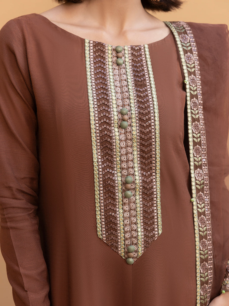 Hemstitch Embroidered Raw Silk Ready to Wear 3Pc Suit - Manha