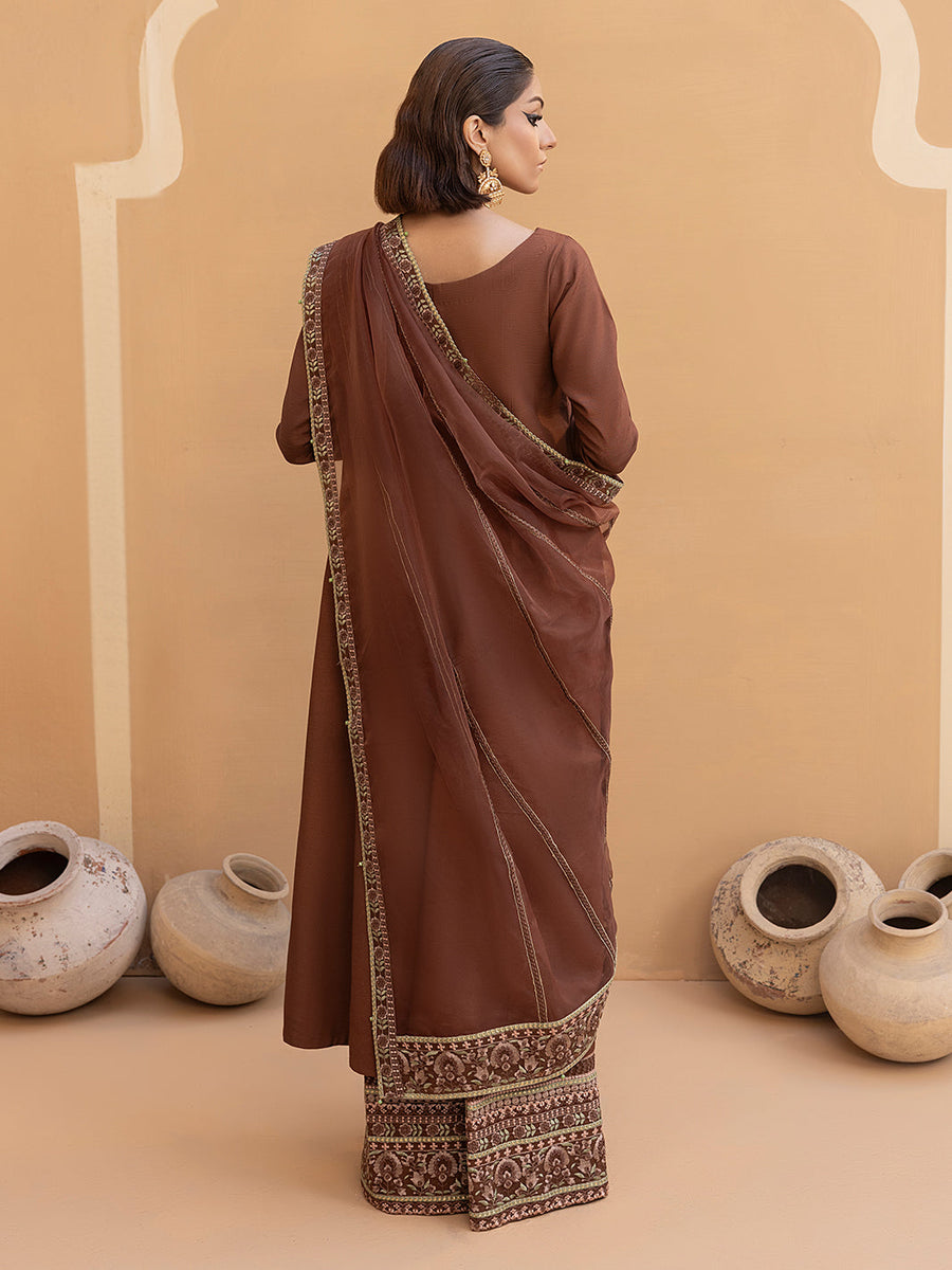 Hemstitch Embroidered Raw Silk Ready to Wear 3Pc Suit - Manha