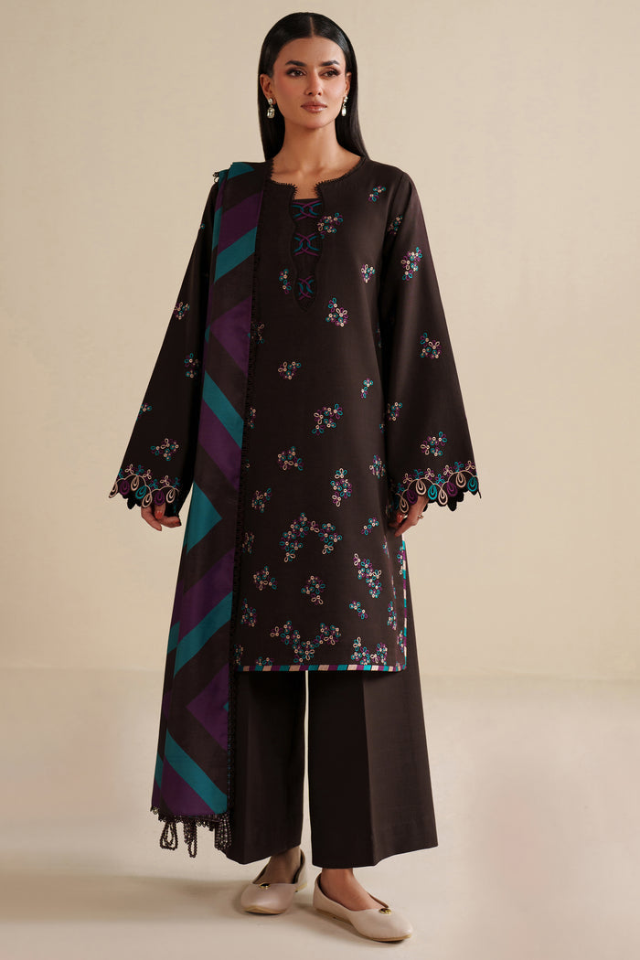 Farasha Winter Spell Embroidered Khaddar Unstitched 3Pc Suit - Maple