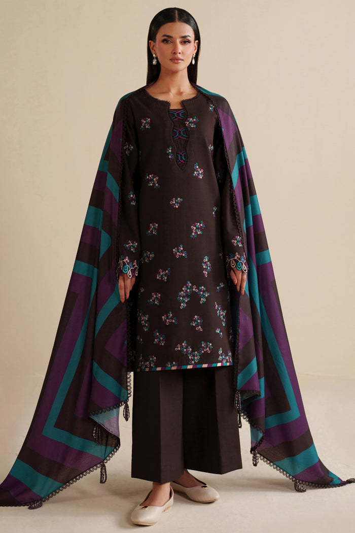Farasha Winter Spell Embroidered Khaddar Unstitched 3Pc Suit - Maple