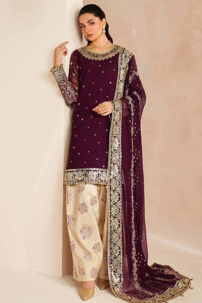 Farasha Luxury Embroidered Chiffon Unstitched 3Pc Suit - Maple Glow