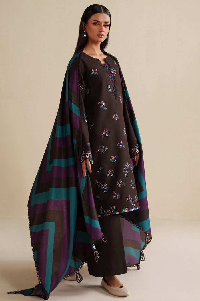 Farasha Winter Spell Embroidered Khaddar Unstitched 3Pc Suit - Maple