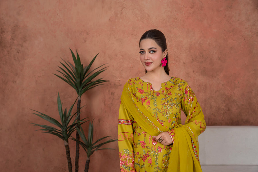 Feathers Premium Embroidered Lawn Unstitched 3Pc Suit - Marigold Jardin