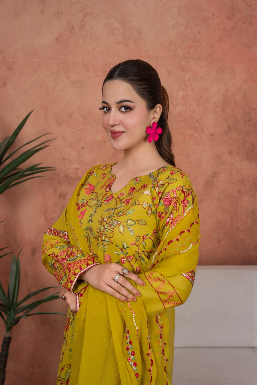 Feathers Premium Embroidered Lawn Unstitched 3Pc Suit - Marigold Jardin