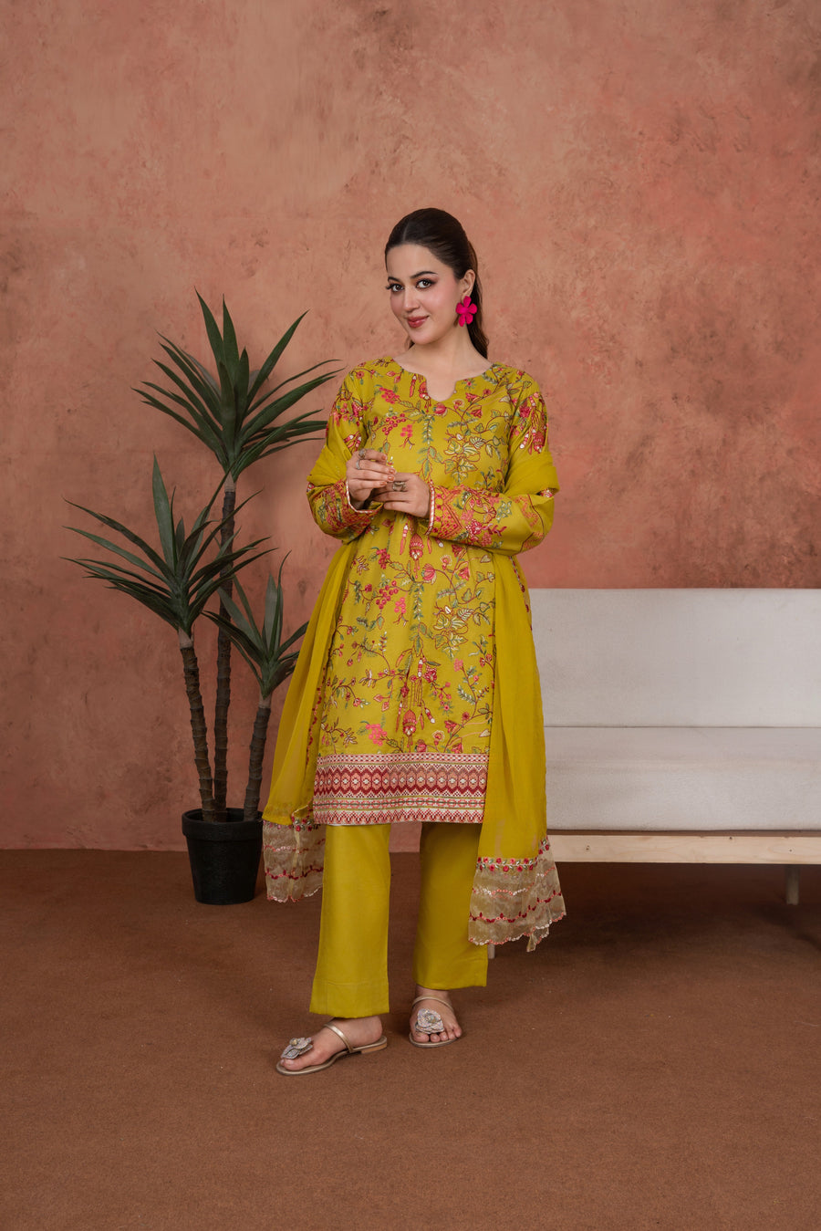 Feathers Premium Embroidered Lawn Unstitched 3Pc Suit - Marigold Jardin
