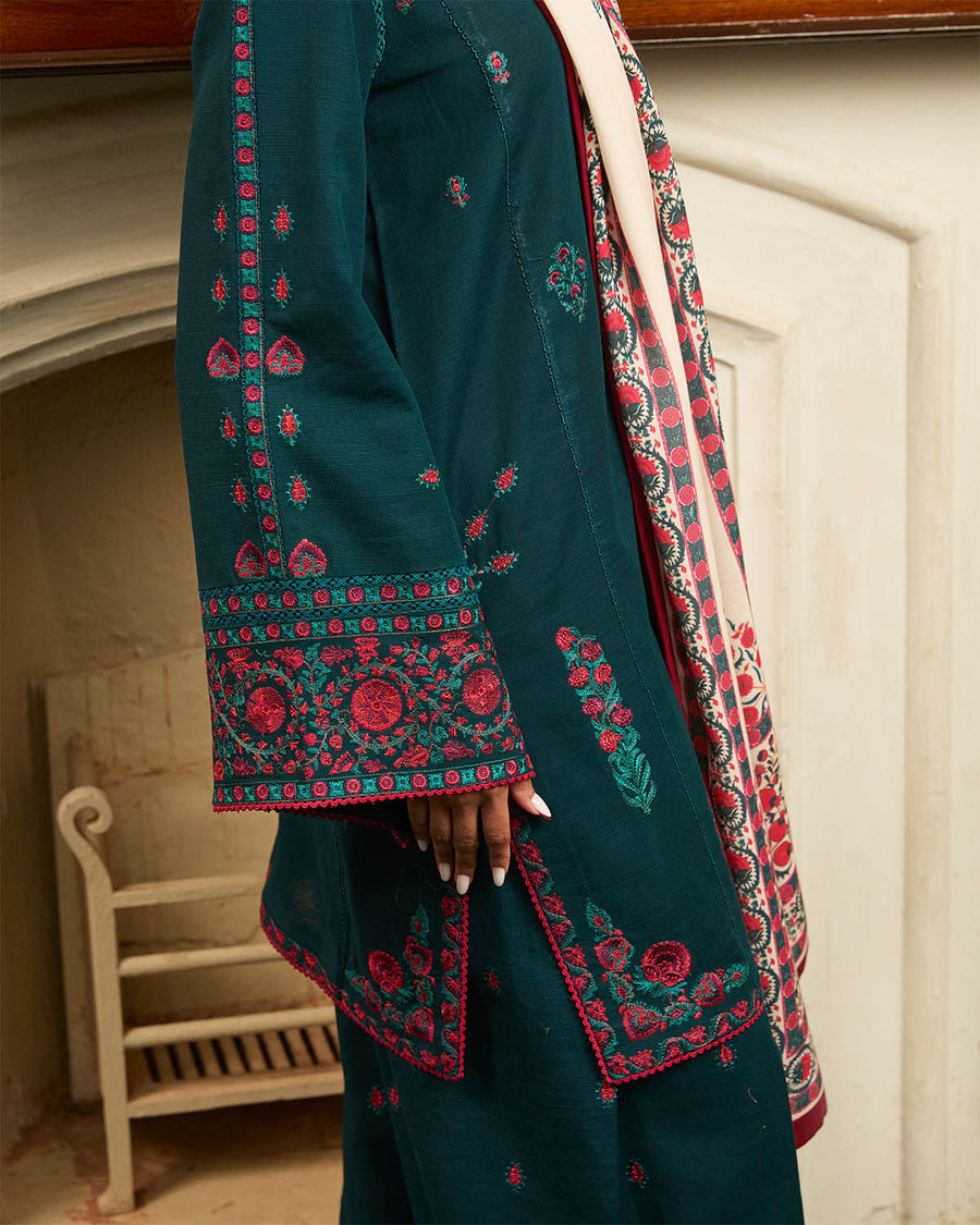 Jugnu Lahore Womenswear Embroidered Khaddar Unstitched 3Pc Suit - Marina