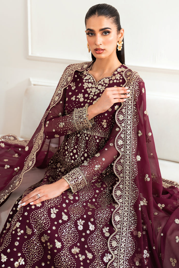 Farasha Essence Embroidered Chiffon Unstitched 3Pc Suit - Maroon Empress