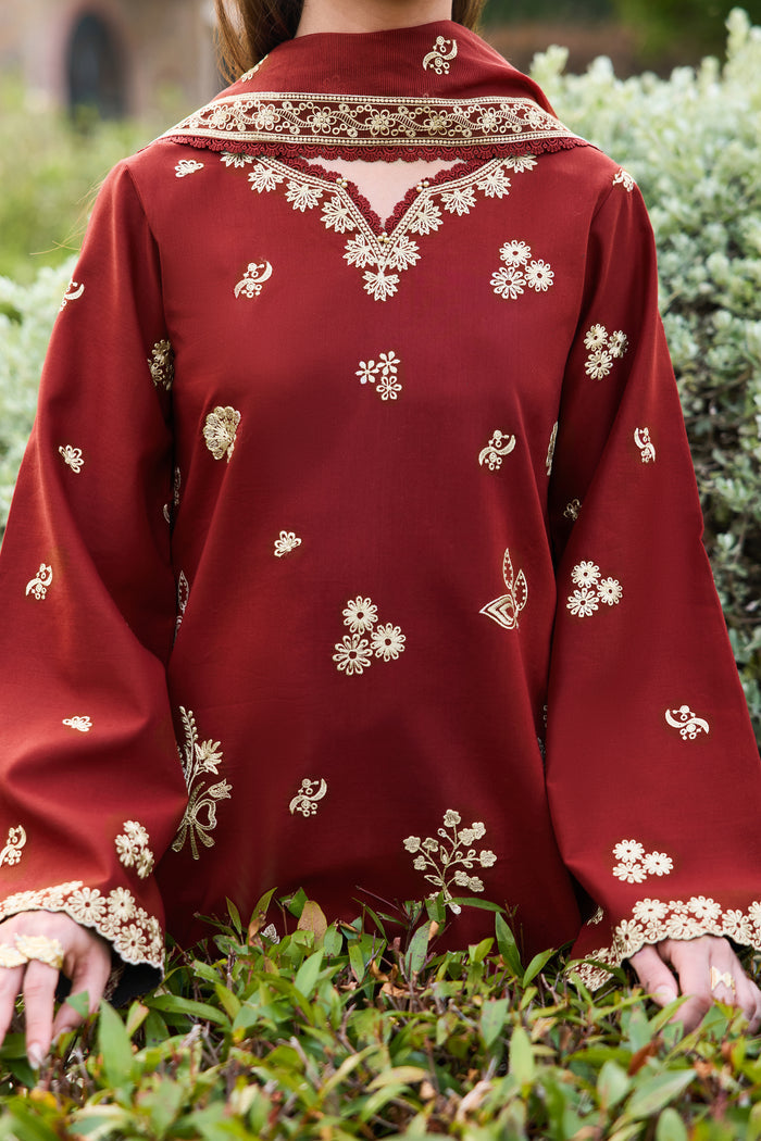 Farasha Sorine Summer Embroidered Lawn Unstitched 3Pc Suit - Maroon Majesty