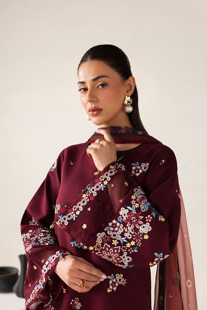 Farasha Summer Melody Embroidered Lawn Unstitched 3Pc Suit - Maroon Muse