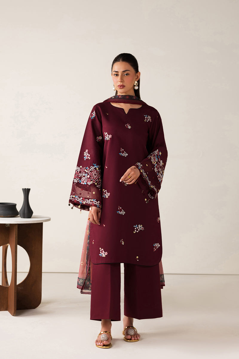 Farasha Summer Melody Embroidered Lawn Unstitched 3Pc Suit - Maroon Muse