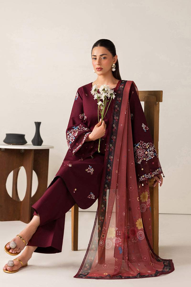 Farasha Summer Melody Embroidered Lawn Unstitched 3Pc Suit - Maroon Muse