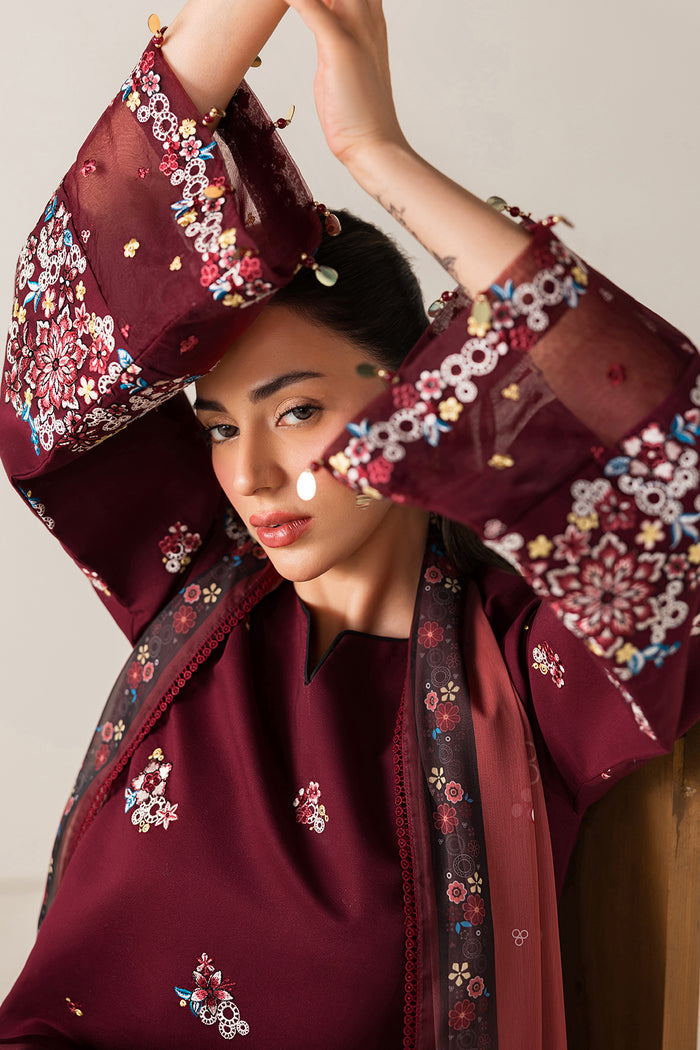 Farasha Summer Melody Embroidered Lawn Unstitched 3Pc Suit - Maroon Muse