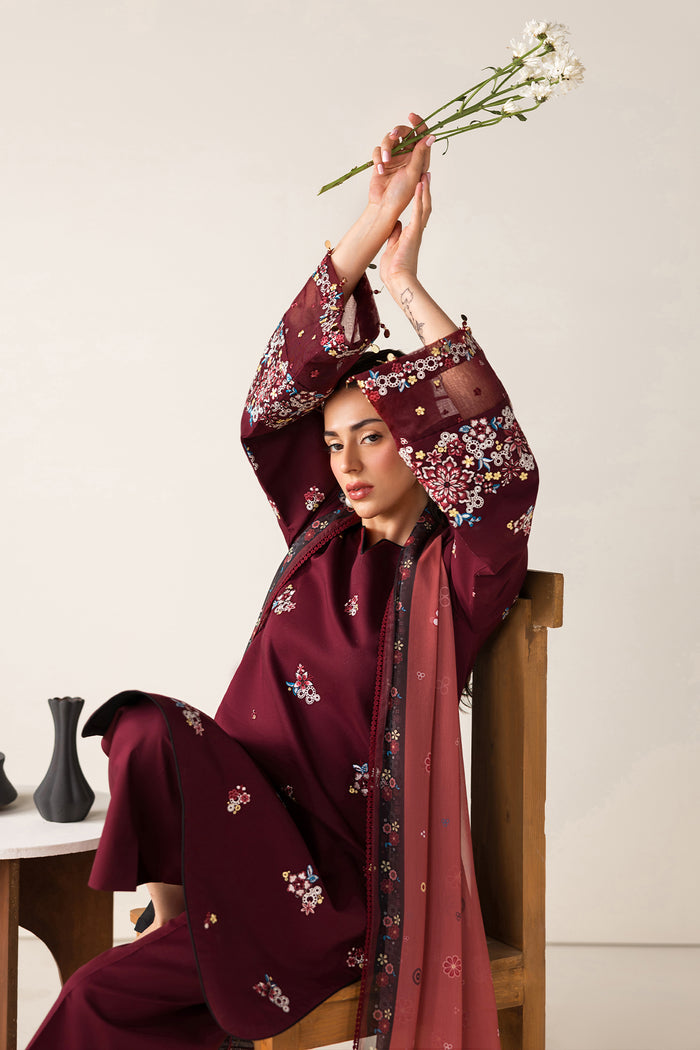 Farasha Summer Melody Embroidered Lawn Unstitched 3Pc Suit - Maroon Muse