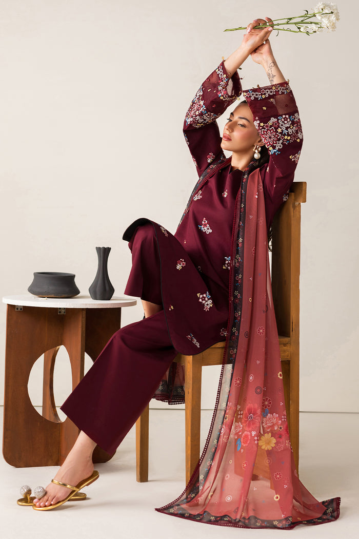 Farasha Summer Melody Embroidered Lawn Unstitched 3Pc Suit - Maroon Muse
