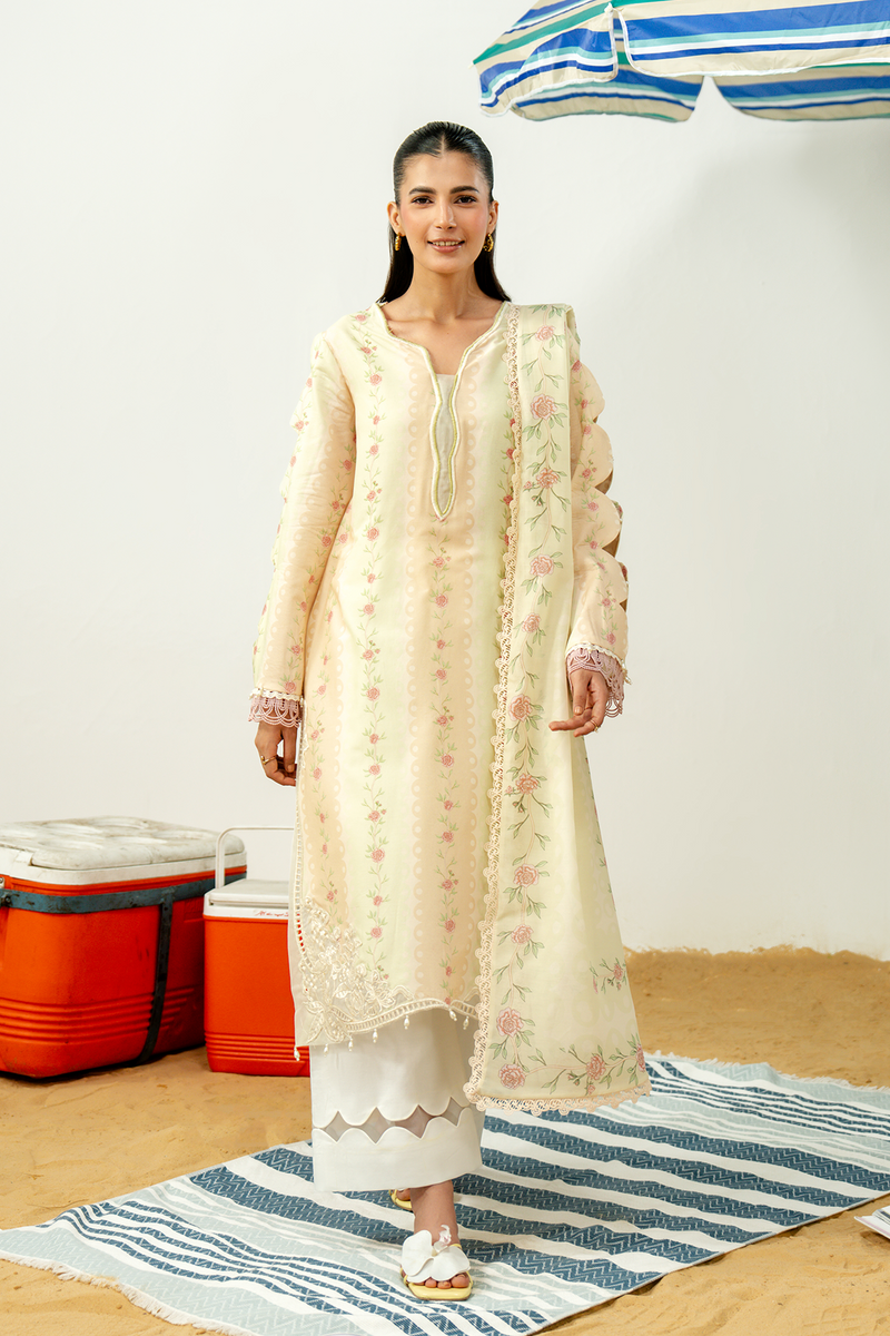 Zarposh Sundaze Embroidered Luxury Lawn Unstitched 3Pc Suit - MARZIPAN