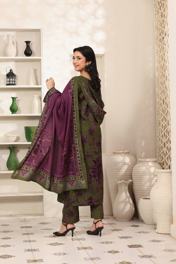 Feathers The Frost Digital Printed Dhanak Unstitched 3Pc Suit Mehndi Mauve-FT794