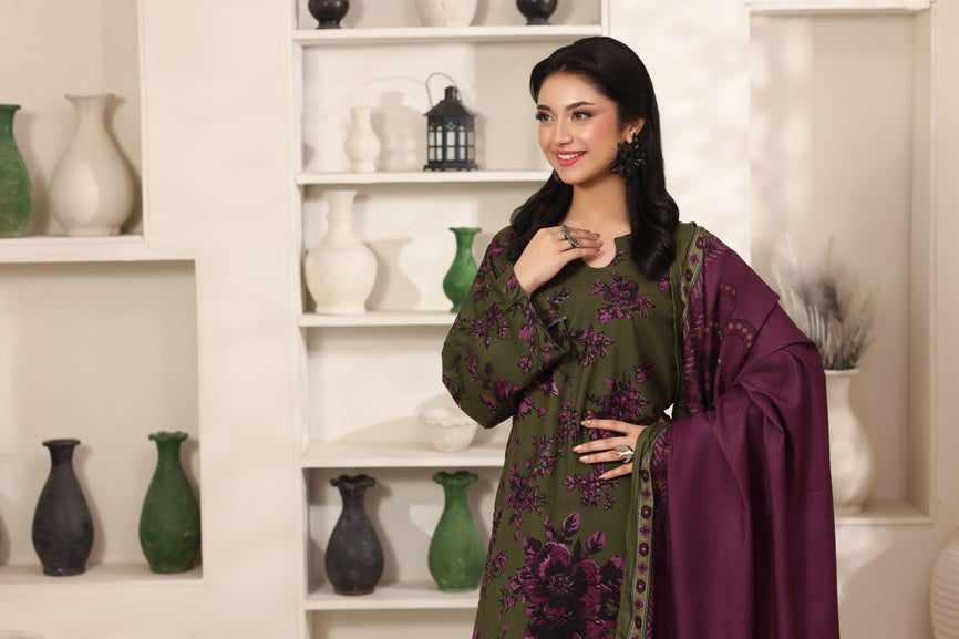 Feathers The Frost Digital Printed Dhanak Unstitched 3Pc Suit Mehndi Mauve-FT794