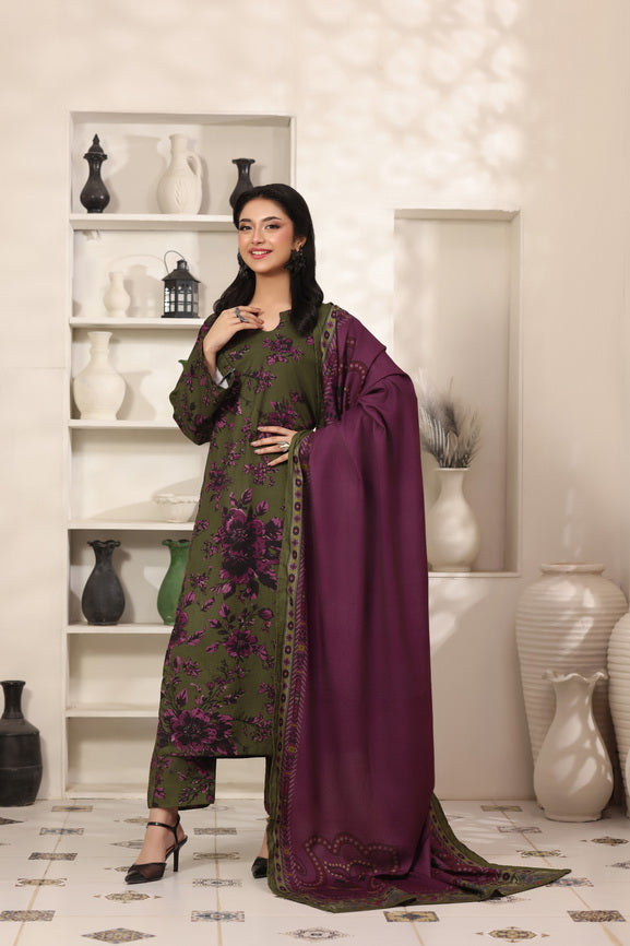 Feathers The Frost Digital Printed Dhanak Unstitched 3Pc Suit Mehndi Mauve-FT794