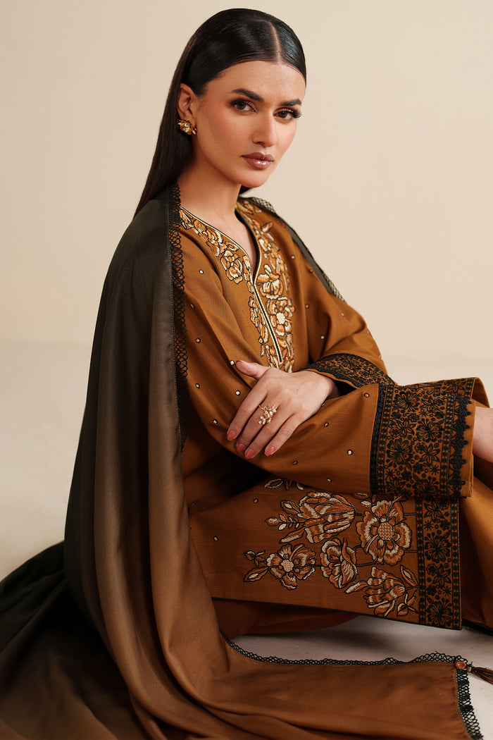 Farasha Winter Spell Embroidered Khaddar Unstitched 3Pc Suit - Mellow