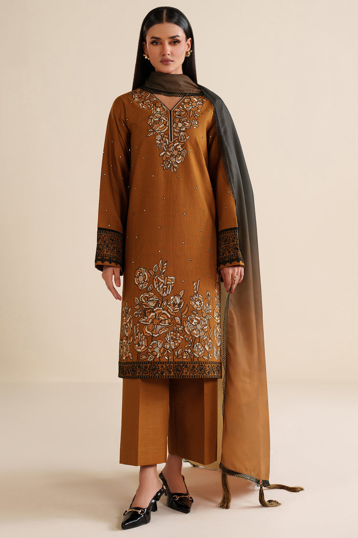 Farasha Winter Spell Embroidered Khaddar Unstitched 3Pc Suit - Mellow