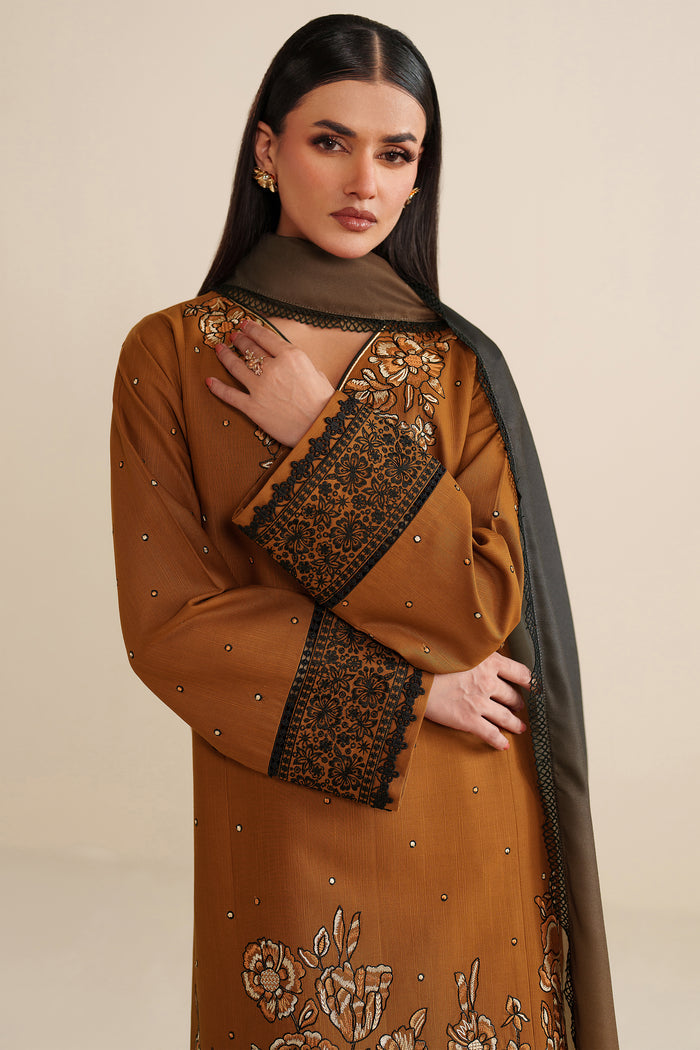 Farasha Winter Spell Embroidered Khaddar Unstitched 3Pc Suit - Mellow