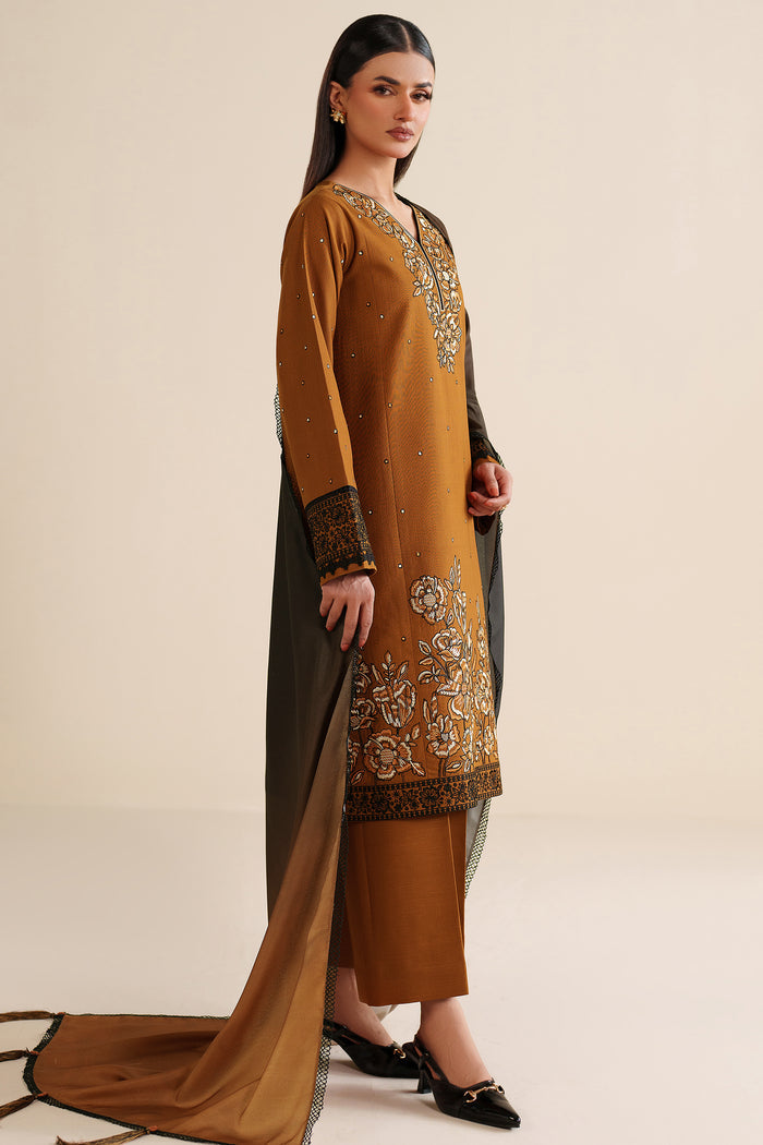 Farasha Winter Spell Embroidered Khaddar Unstitched 3Pc Suit - Mellow