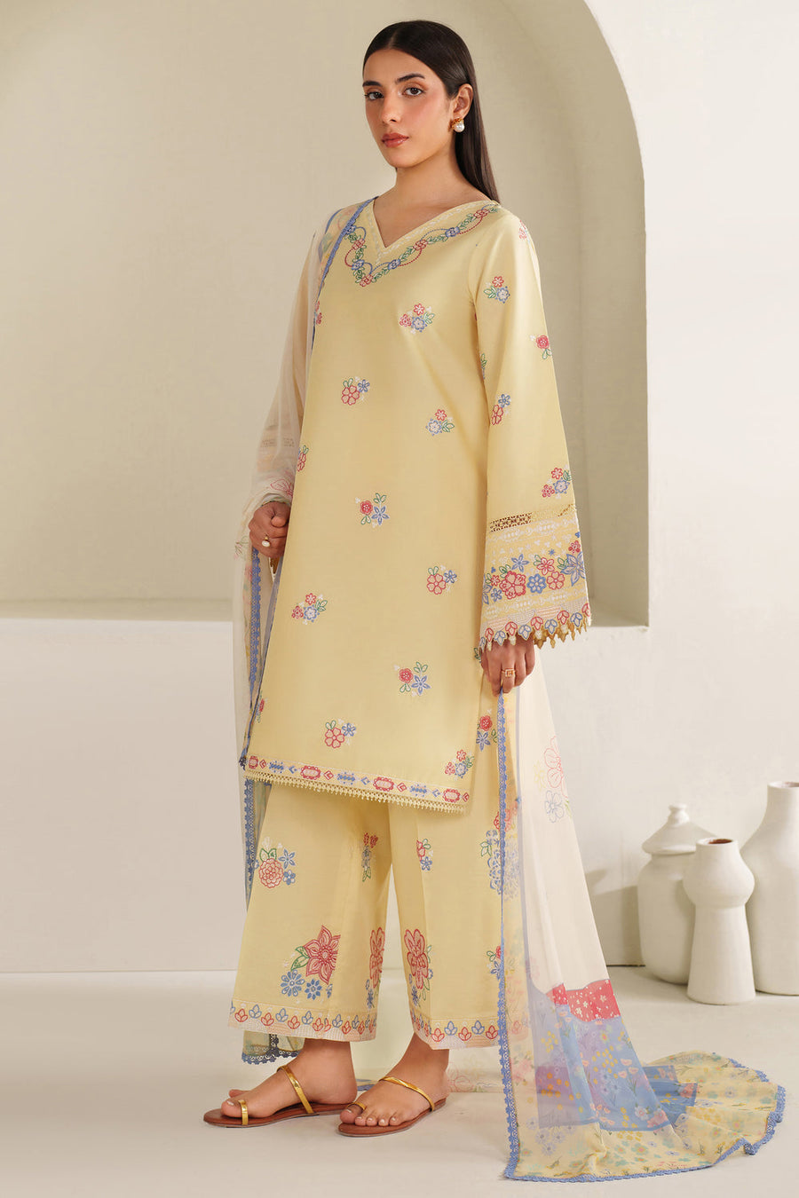 Farasha Summer Weaves Embroidered Lawn Unstitched 3Pc Suit - Mellow Canvas