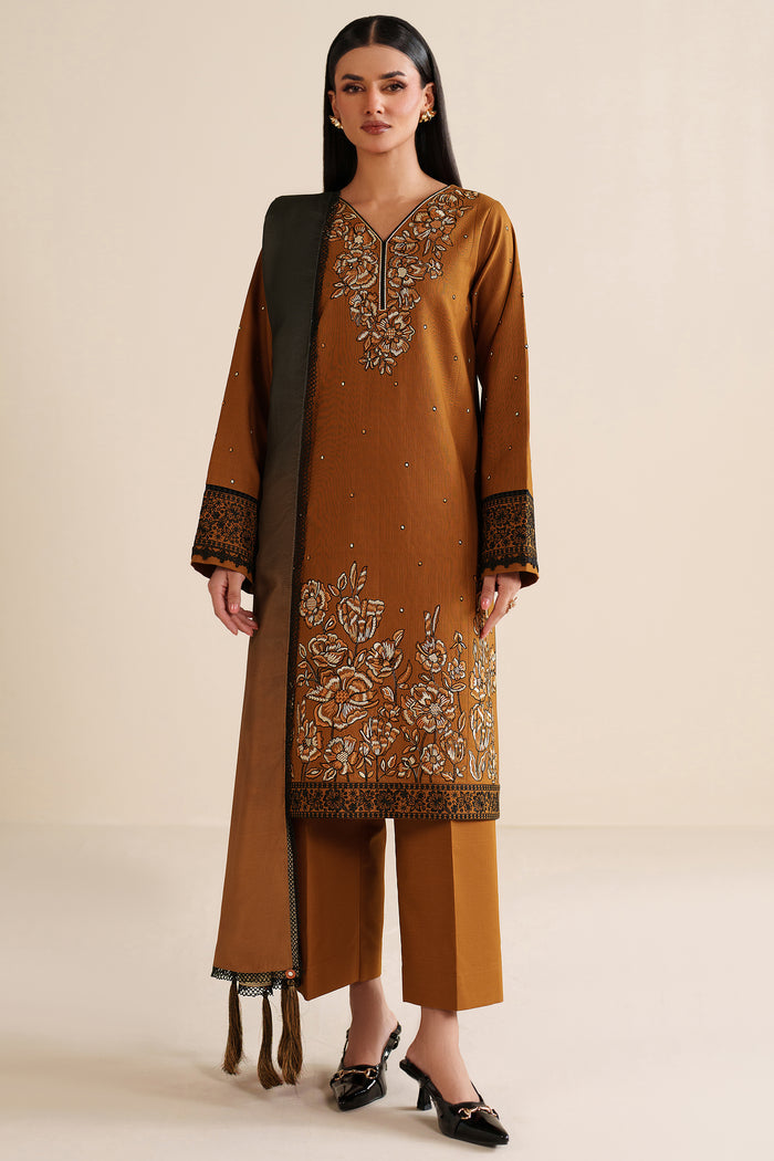 Farasha Winter Spell Embroidered Khaddar Unstitched 3Pc Suit - Mellow