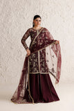 Farasha Luxury Formal Embroidered Net Unstitched 3Pc Suit - Merlot Dusk
