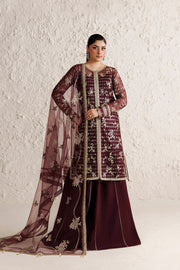 Farasha Luxury Formal Embroidered Net Unstitched 3Pc Suit - Merlot Dusk