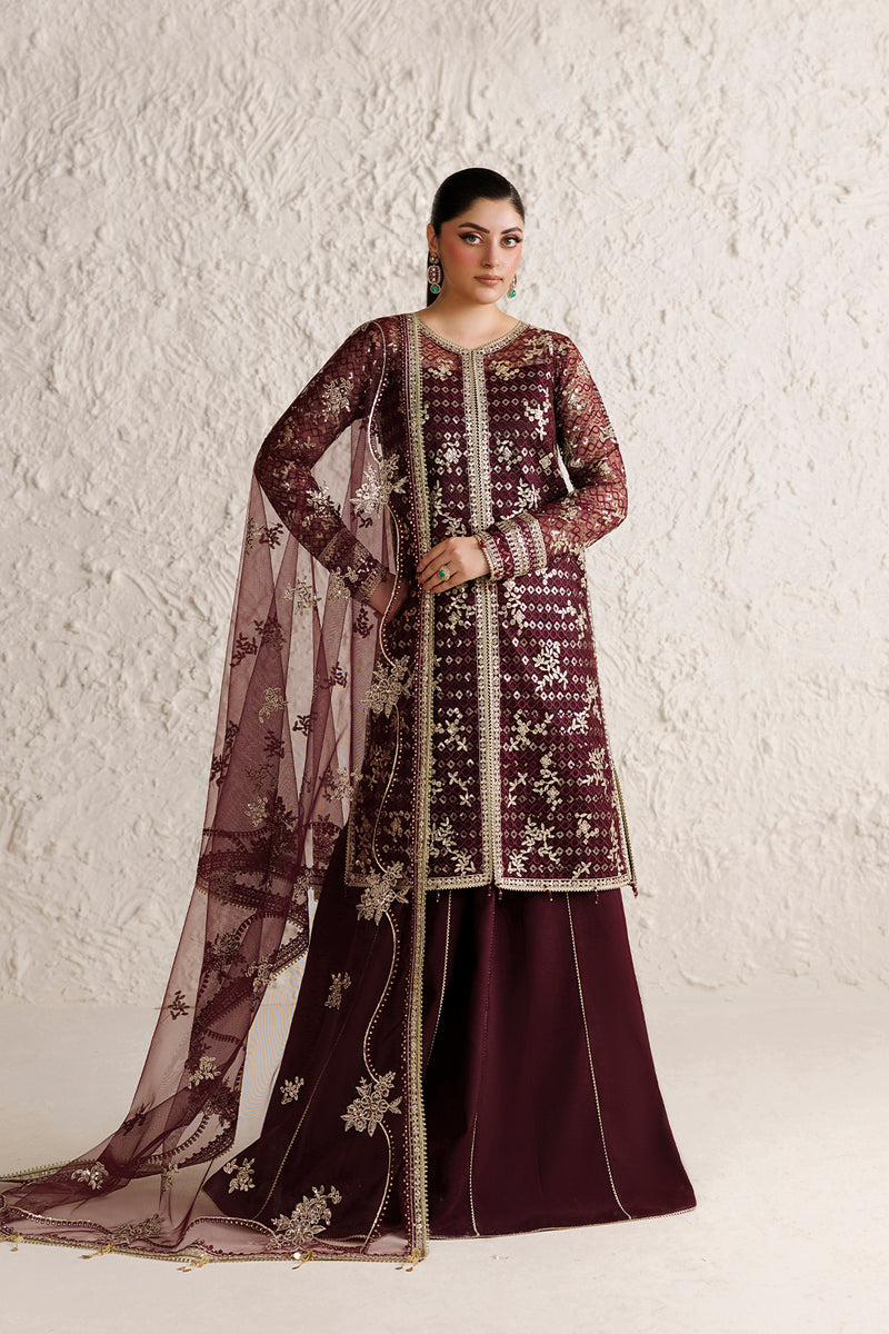Farasha Luxury Formal Embroidered Net Unstitched 3Pc Suit - Merlot Dusk