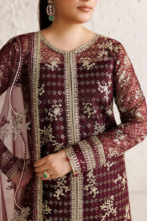 Farasha Luxury Formal Embroidered Net Unstitched 3Pc Suit - Merlot Dusk