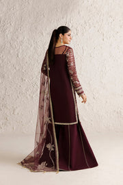Farasha Luxury Formal Embroidered Net Unstitched 3Pc Suit - Merlot Dusk