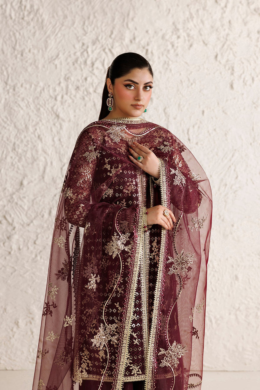 Farasha Luxury Formal Embroidered Net Unstitched 3Pc Suit - Merlot Dusk