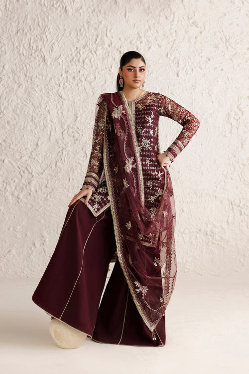 Farasha Luxury Formal Embroidered Net Unstitched 3Pc Suit - Merlot Dusk