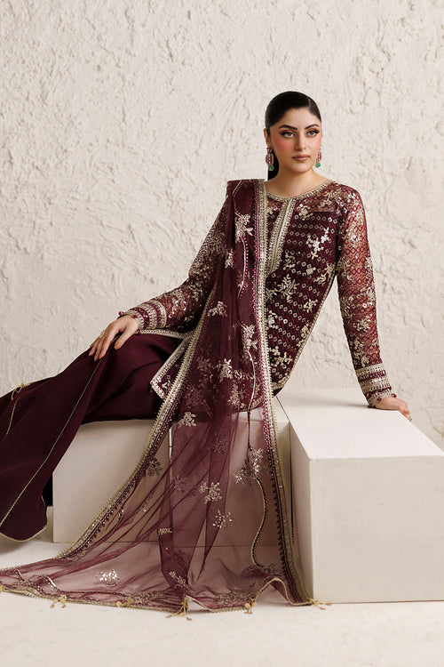 Farasha Luxury Formal Embroidered Net Unstitched 3Pc Suit - Merlot Dusk
