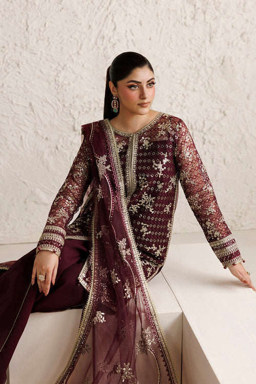 Farasha Luxury Formal Embroidered Net Unstitched 3Pc Suit - Merlot Dusk