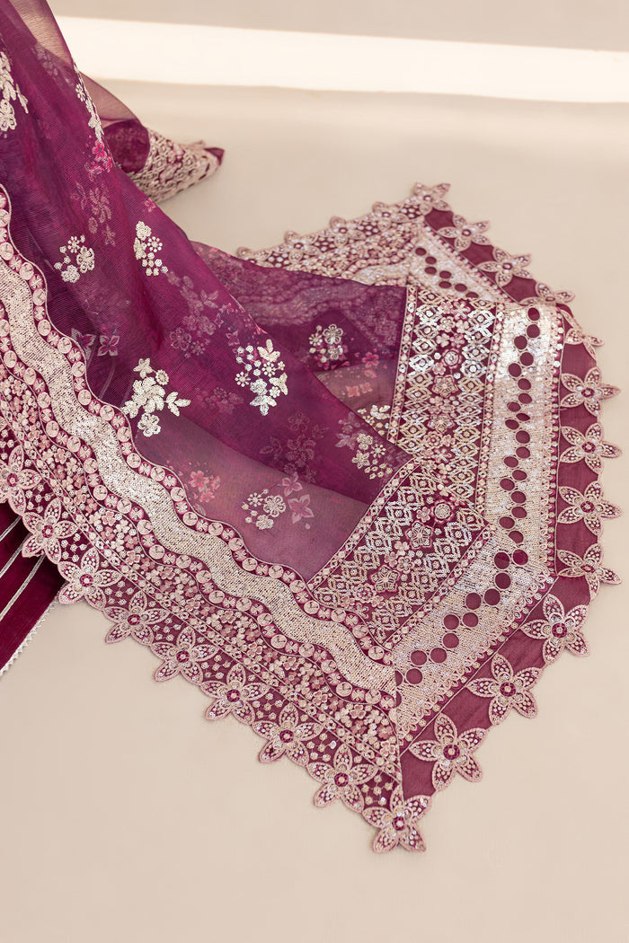 Farasha LU ZELLA Embroidered Net Unstitched 3Pc Suit D-02 MERLOT DUST