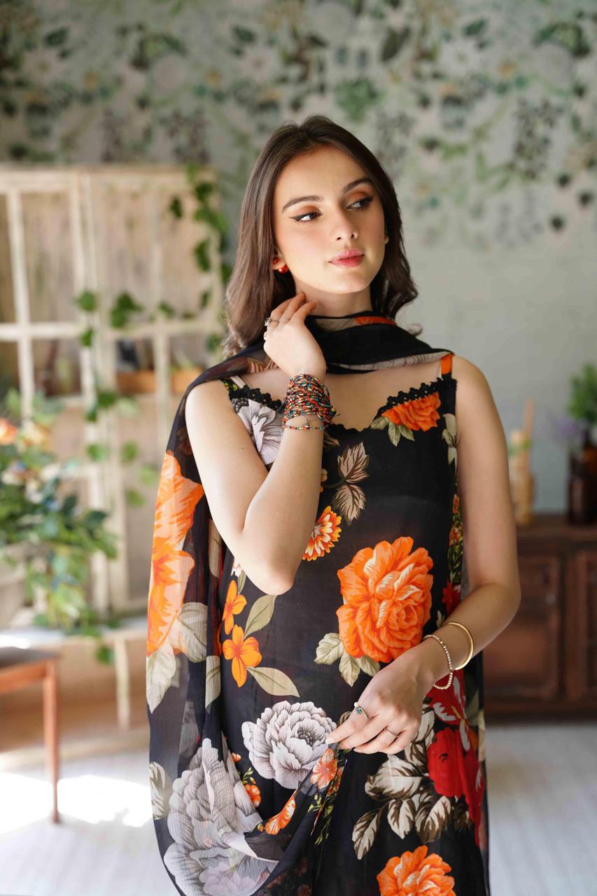 Feathers Premium Printed Lawn Unstitched 3Pc Suit Midnight-FT394