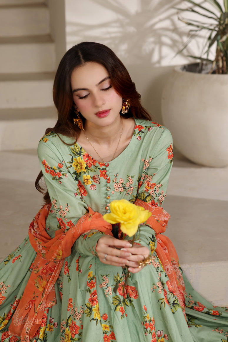 Feathers The Imperial Bloom Printed Lawn Unstitched 3Pc Suit Mint Coral Bloom-FT655