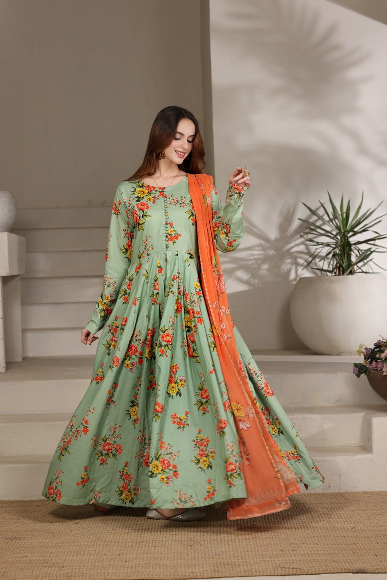Feathers The Imperial Bloom Printed Lawn Unstitched 3Pc Suit Mint Coral Bloom-FT655