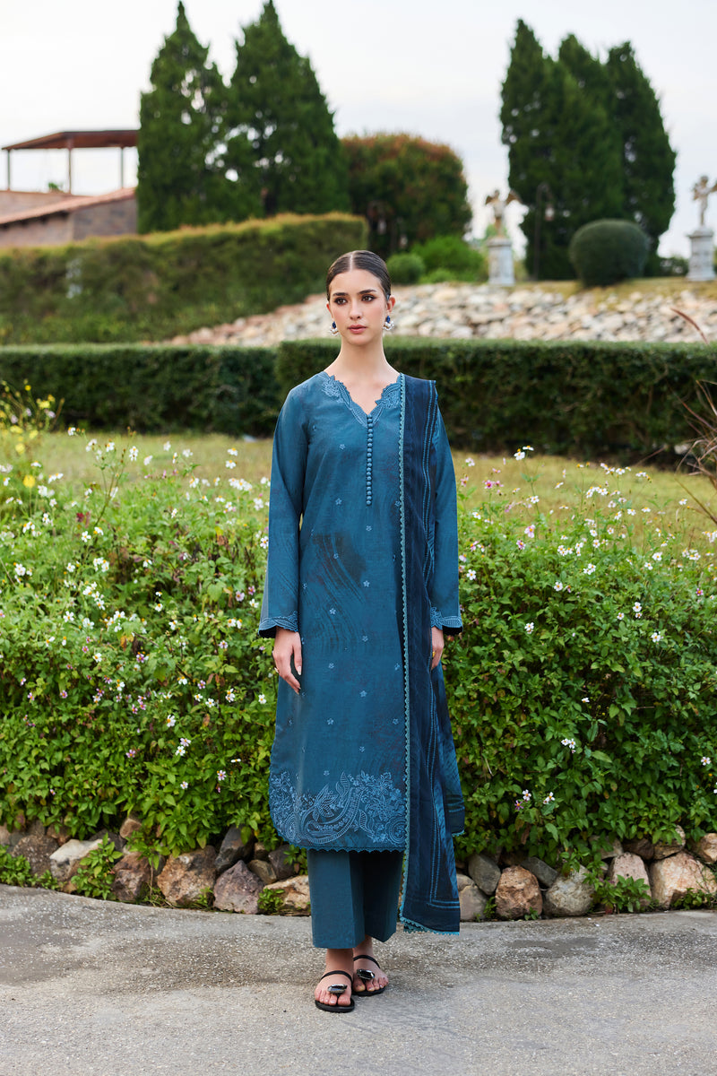 Farasha Sorine Summer Embroidered Lawn Unstitched 3Pc Suit - Misty Horizon