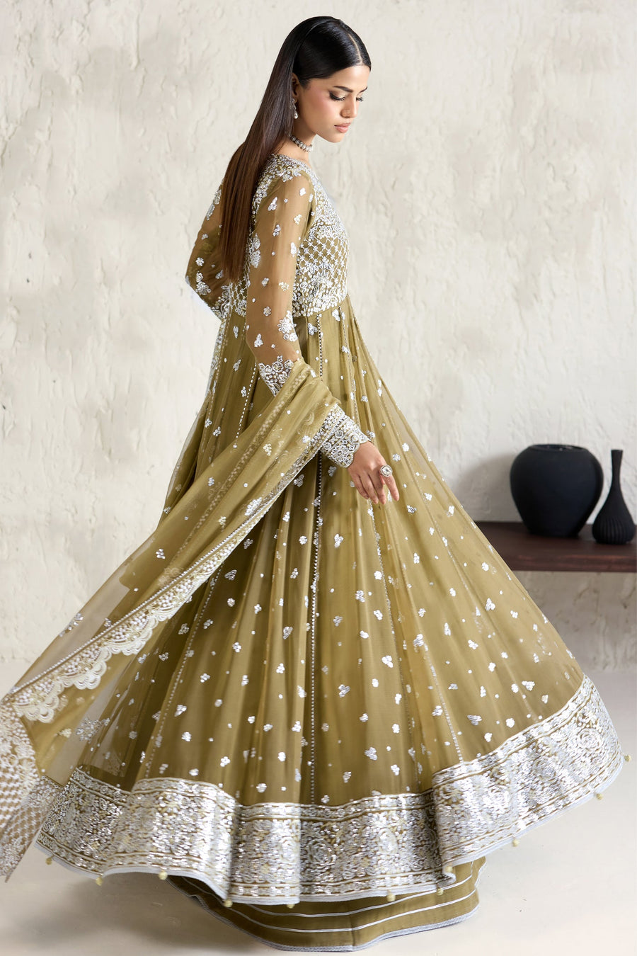 Farasha Embroidered Luxury Chiffon Unstitched 3Pc Suit - Moss Whisper