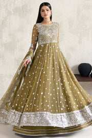 Farasha Embroidered Luxury Chiffon Unstitched 3Pc Suit - Moss Whisper