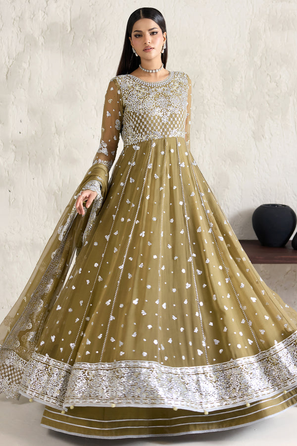Farasha Embroidered Luxury Chiffon Unstitched 3Pc Suit - Moss Whisper