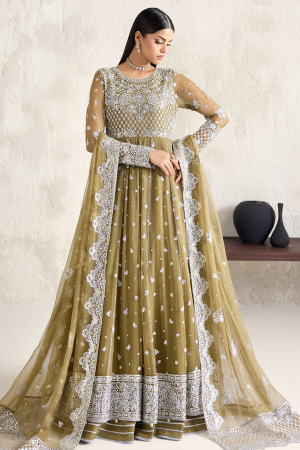 Farasha Embroidered Luxury Chiffon Unstitched 3Pc Suit - Moss Whisper