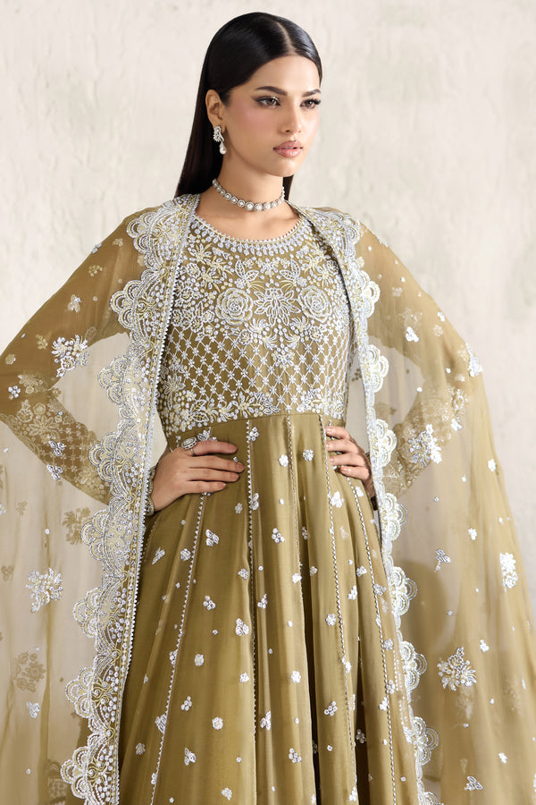 Farasha Embroidered Luxury Chiffon Unstitched 3Pc Suit - Moss Whisper