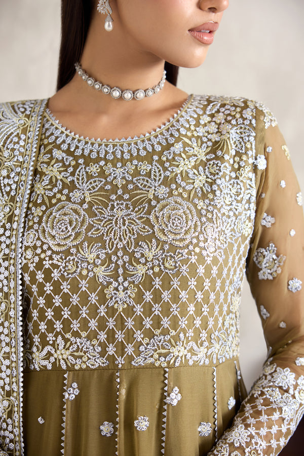 Farasha Embroidered Luxury Chiffon Unstitched 3Pc Suit - Moss Whisper